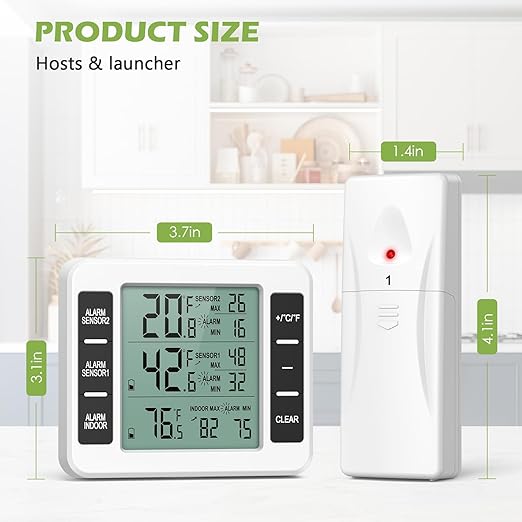 KeeKit Refrigerator Thermometer, Indoor Outdoor Thermometer with 2 Sensors, Wireless Digital Freezer Thermometer with Audible Alarm Temperature Gauge, Min/Max Record for Home, Kitchen – White