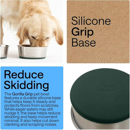 GORILLA GRIP Dog Bowls, Food Grade 304 Stainless Steel, Holds 6 Cups Each (48 fl oz) Food and Water Bowl for Feeding Dogs and Cats, Dishwasher Safe, Rust Resistant, BPA Free Rubber Base Set of 2 Green