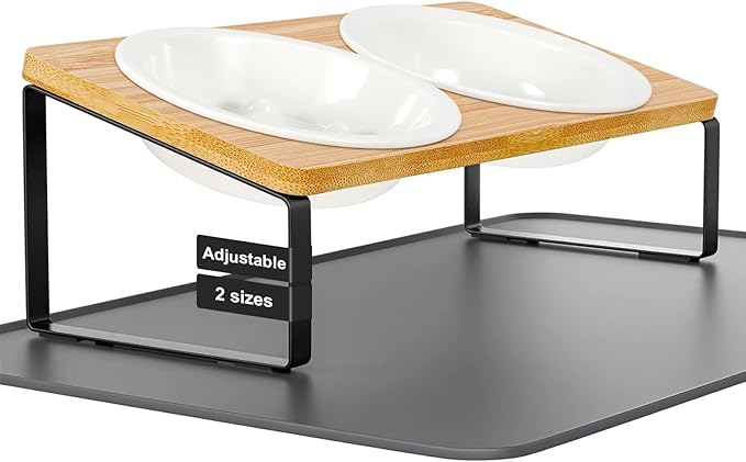 LEAWALK Upgraded Adjustable Height Cat Food Bowls Stand Ceramic Dog Bowls and Slow Feeder Cat Bowl, 15°Tilted Stand Anti Vomiting Raised for Small and Medium Sized Cats Dogs (Creamy White)