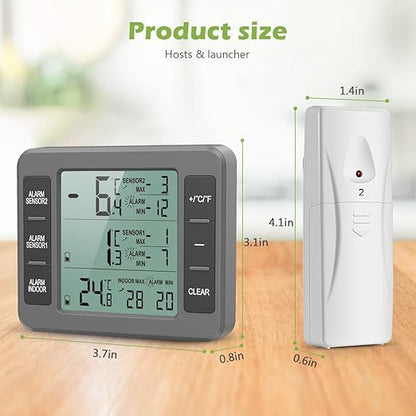 KeeKit Refrigerator Thermometer, Indoor Outdoor Thermometer with 2 Sensors, Wireless Digital Freezer Thermometer with Audible Alarm Temperature Gauge, Min/Max Record for Home, Kitchen – Grey