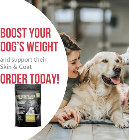 Dog Weight Gainer with Skin & Coat Support - Weight Gain Supplements for Dogs - Canine and Dog Muscle Builder - Protein Powder - High Calorie Food Supplement - 90 Servings
