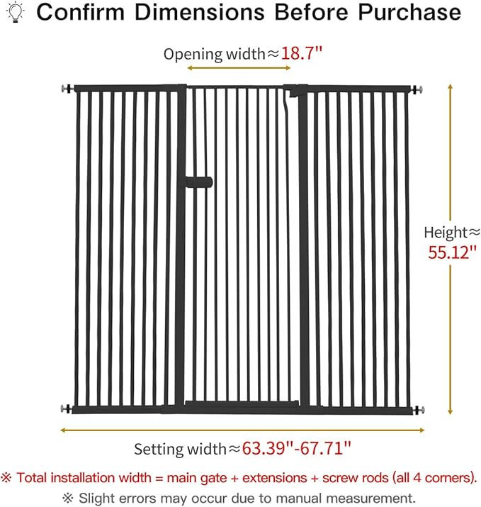 Lumizone Extra Tall Cat Gate 55.12" High Pressure Mounted Extra Wide 2025 New (17 Sizes) 1.37" Gap No Drilling Auto-Close One-Handed Operation Tall Pet Gate for Dogs(Black, 55.12" H x 63.39"-67.71" W)
