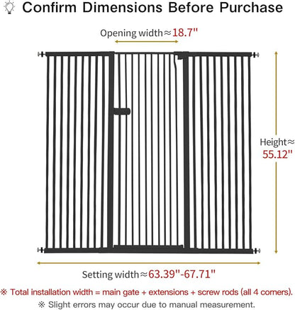 Lumizone Extra Tall Cat Gate 55.12" High Pressure Mounted Extra Wide 2025 New (17 Sizes) 1.37" Gap No Drilling Auto-Close One-Handed Operation Tall Pet Gate for Dogs(Black, 55.12" H x 63.39"-67.71" W)