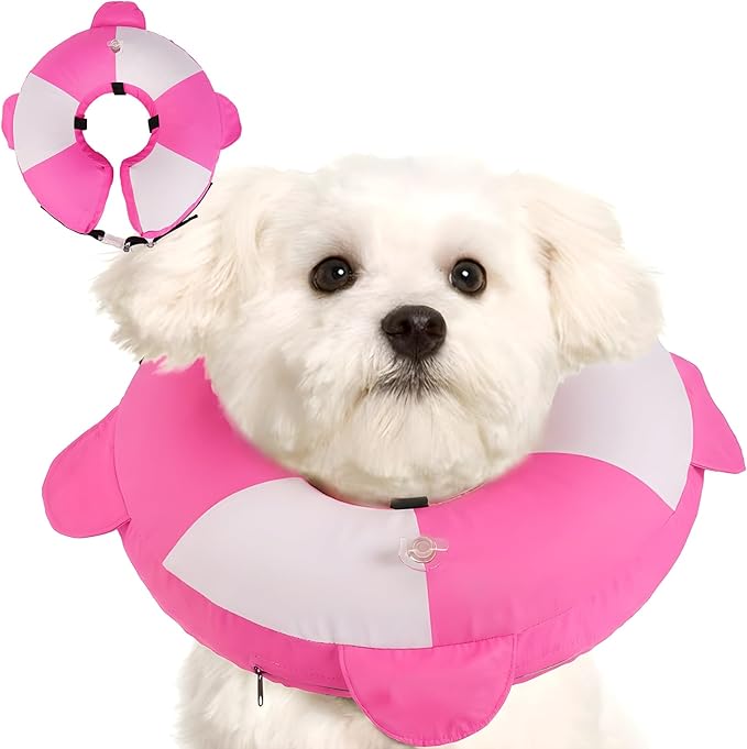 Inflatable Dog Cone Collar Alternative After Surgery,Comfortable Anti-Licking & Biting Recovery Donut Collar,Lightweight Waterproof Easy to Clean (Pink,Small)