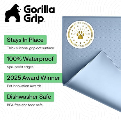 GORILLA GRIP 100% Waterproof Raised Edge BPA Free Silicone Pet Feeding Mat, Dog Cat Food Mats Contain Spills Protects Floors, Placemats for Cats and Dogs Water Bowl, Pets Accessories 28x18 Blue