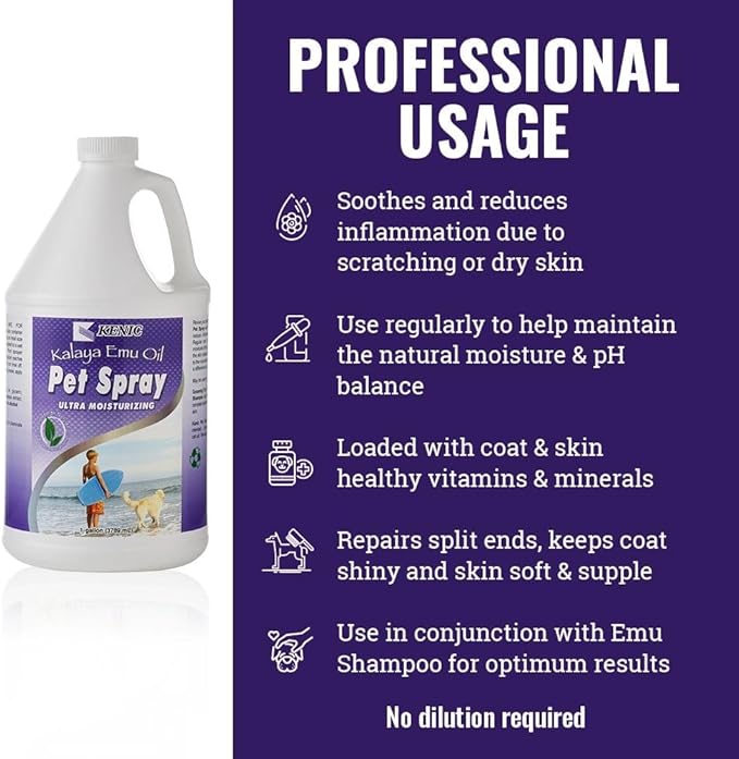 Kenic Emu Oil Spray for Dogs & Cats - Itchy Skin Relief for Dry, Irritated Coats & Hot Spots - Leave-in Conditioning Formula Soothes and Moisturizes for Comfort and Shine, Made in USA