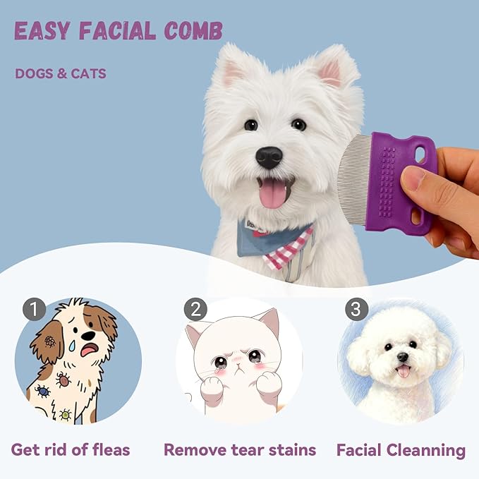 2 Pack Professional Pets Eye Combs,Pets Grooming Comb Kit,Stainless Steel Tear Stain Remover for Cats & Dogs,Flea Lice Comb,Gentle Curved Comb Teeth,Precisely Removes Stains (Pet comb set)