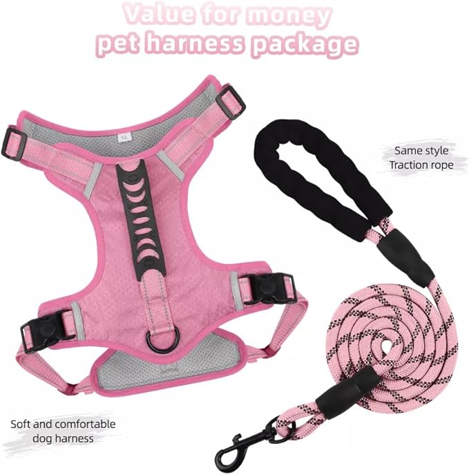 Dog Harness No Pull Adjustable Reflective,for Medium and Large Small Dog with Leash 59.06in (Pink, XS)