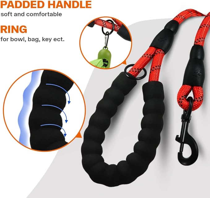 Taglory Rope Dog Leash 6 FT with Comfortable Padded Handle, Highly Reflective Threads Leash and Anti-Tangle Clip for Walking Medium Large Dogs, 1/2 inch, Red