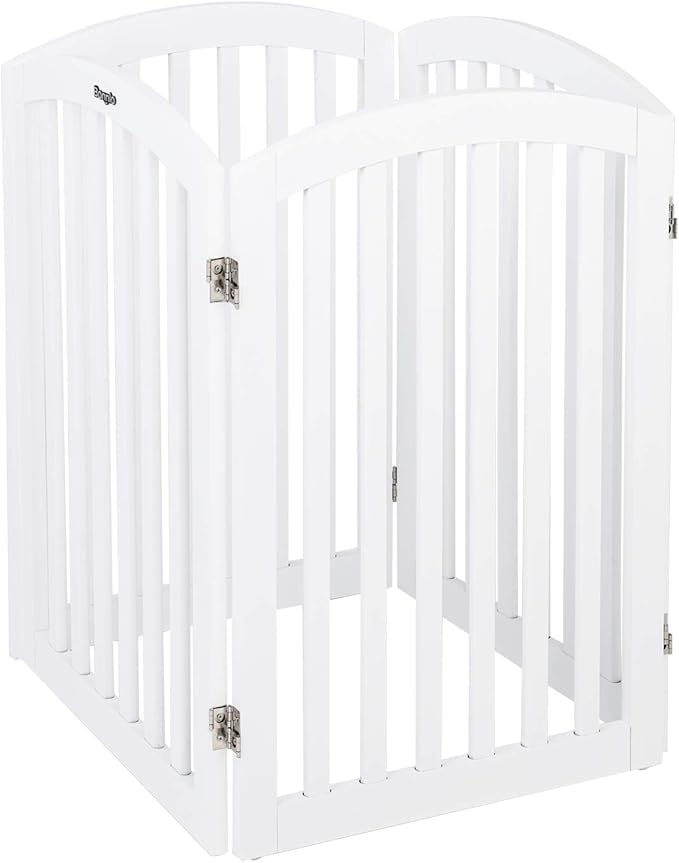 Bonnlo 30” Tall Free Standing Dog Gate for Doorways, 4 Panel Folding Pet Gates for The House Extra Wide, Indoor Dog Fence Wooden Gate for Puppy | Up to 83” Wide | White | 4 Foot Supporters