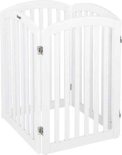 Bonnlo 30” Tall Free Standing Dog Gate for Doorways, 4 Panel Folding Pet Gates for The House Extra Wide, Indoor Dog Fence Wooden Gate for Puppy | Up to 83” Wide | White | 4 Foot Supporters