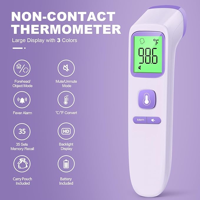 No-Touch Thermometer for Adults and Kids, Digital Accurate Baby Thermometer with Fever Alarm, 1 Second Fast Result, Easy to use, 2 in 1 Mode (Purple)