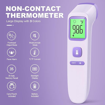 No-Touch Thermometer for Adults and Kids, Digital Accurate Baby Thermometer with Fever Alarm, 1 Second Fast Result, Easy to use, 2 in 1 Mode (Purple)
