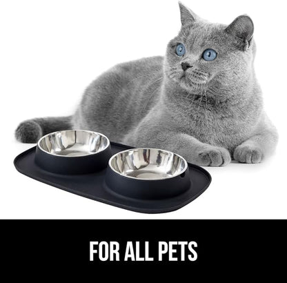 GORILLA GRIP Feeding Mat Bowl Set, 4 Cup 100% Waterproof BPA Free Silicone Base, 304 Stainless Steel Cat and Dog Bowls for Food and Water, Slip Resistant, High Edge, US Designed, Patent Pending, Black