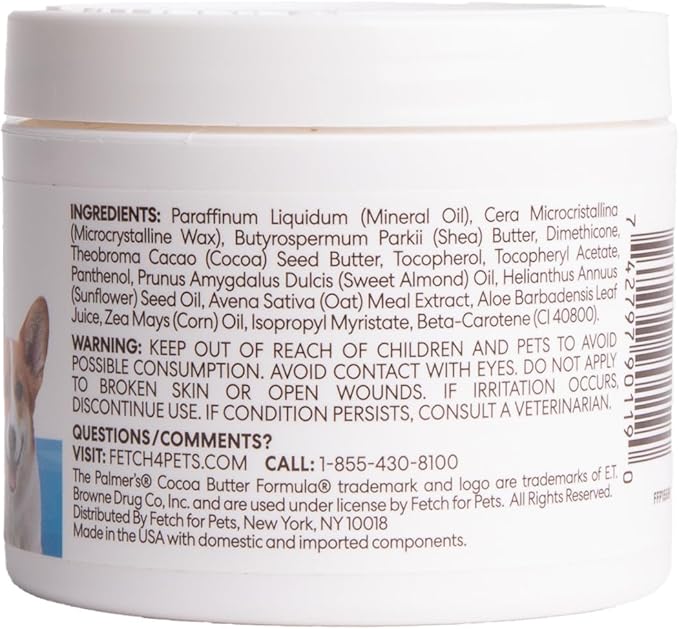 Palmer's for Pets Cocoa Butter Paw Pad and Nose Balm for Dogs, Fragrance Free Dog Skin Soother with Vitamin E for Dry Paws and Noses, Plant Based Formula, 3.5 Oz