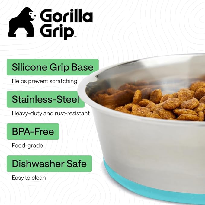 GORILLA GRIP Dog Bowls, Food Grade 304 Stainless Steel, Holds 1 Cup Each (8 fl oz) Food and Water Bowl for Feeding Dogs and Cats, Dishwasher Safe Rust Resistant BPA Free Rubber Base Set of 2 Turquoise