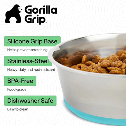 GORILLA GRIP Dog Bowls, Food Grade 304 Stainless Steel, Holds 1 Cup Each (8 fl oz) Food and Water Bowl for Feeding Dogs and Cats, Dishwasher Safe Rust Resistant BPA Free Rubber Base Set of 2 Turquoise