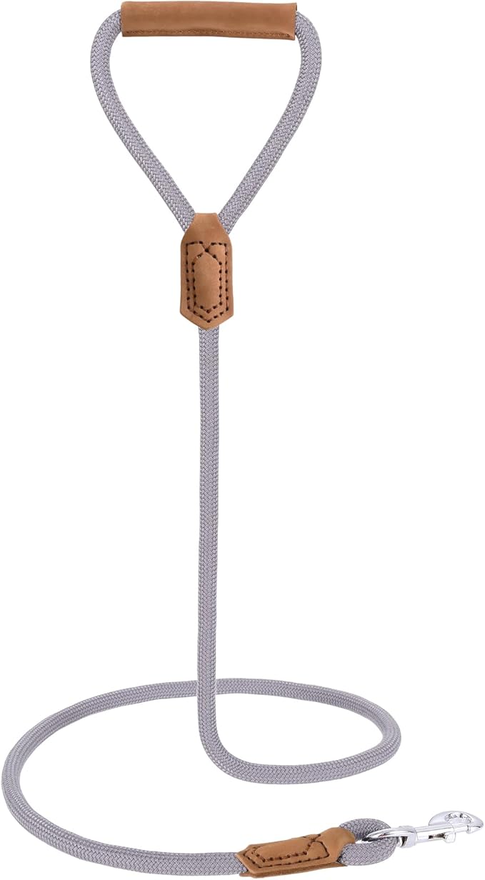 Mile High Life | Premium Leather Dog Leash | Strong Rope Leash | Leather Handle | Zinc Alloy Strong Clasp | Small Medium Large Dogs | 4/5/6 Feet(Gray Yellow, 48 Inch (Pack of 1))