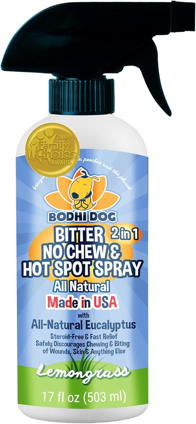 Bodhi Dog Bitter 2-in-1 No Chew & Hot Spot Spray - Natural Anti-Chew Remedy Better Than Bitter Apple - Soothes Hot Spots, Deters Chewing - Safe for Skin, Wounds & Furniture- Made in USA (17 Fl Oz)