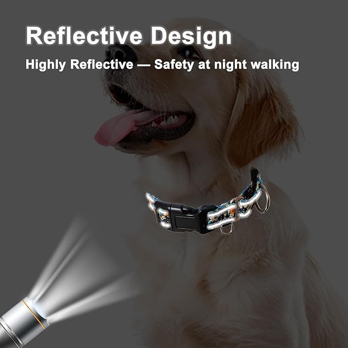 Reflective Martingale Dog Collar with Buckle Soft Nylon Floral No Slip Dog Collars for Small Dogs (Black Orange Flowers, S)