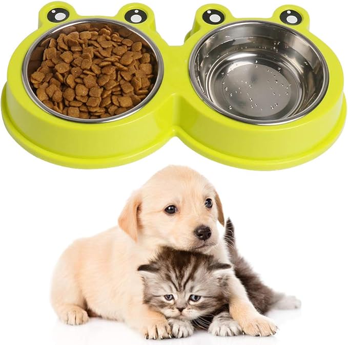 Skrtuan Double Dog Cat Bowls Premium Stainless Steel Pet Bowls with No-Slip Stainless Steel Cute Modeling Pet Food Water for Feeder Dogs Cats Rabbit and Pets