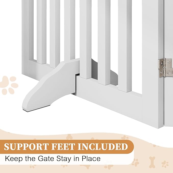 PUPETPO 24”H Freestanding Dog Gates for The House, Wooden Pet Gates for Doorways, Extra Wide Dog Gate for Stairs, Support Feet Included, 80 inch Wide 4 Panels, Indoor Use, White