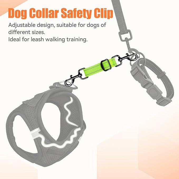 Dog Collar Safety Clip, Reflective Double-Ended Backup Connector for Harness to Collar, Adjustable Safety Clip for Prong, Pinch Collars, Prevents Escapes & Accidental Disconnection
