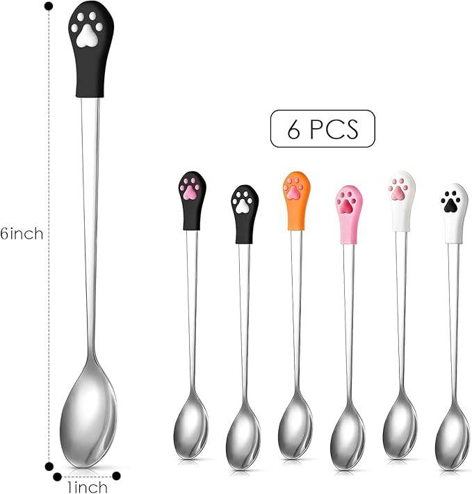 Patelai 6 Pieces Dog Can Spoon Stainless Steel Pet Dog Food Spoon with 7 Inch Long Handle Cat Canned Food Scoop with Cute Cat Claw Pattern for Pet