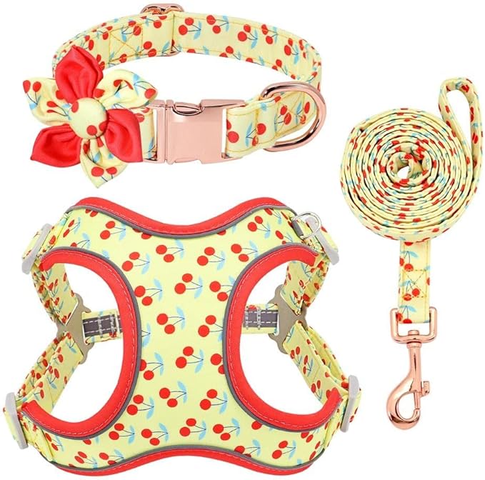 Dog Cat Harness Leash Set Yellow Printed Dog Collar Leash Set Personalized Pet Dog Collar Harnesses Walking Leash for Medium Large Dogs L
