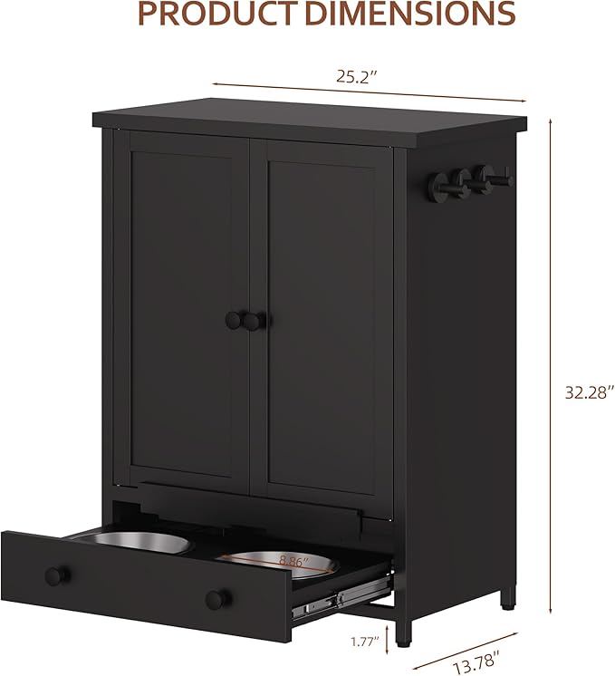 Dog Feeding Station with Storage, Metal Dog Food Storage Cabinet with 2 Elevated Bowls and 3 Hooks, Pet Feeding Station and Food Storage Organizer, Black