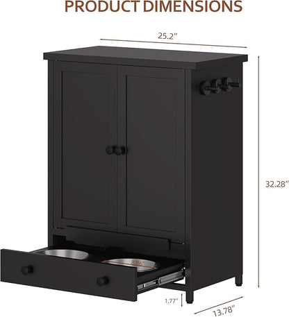 Dog Feeding Station with Storage, Metal Dog Food Storage Cabinet with 2 Elevated Bowls and 3 Hooks, Pet Feeding Station and Food Storage Organizer, Black