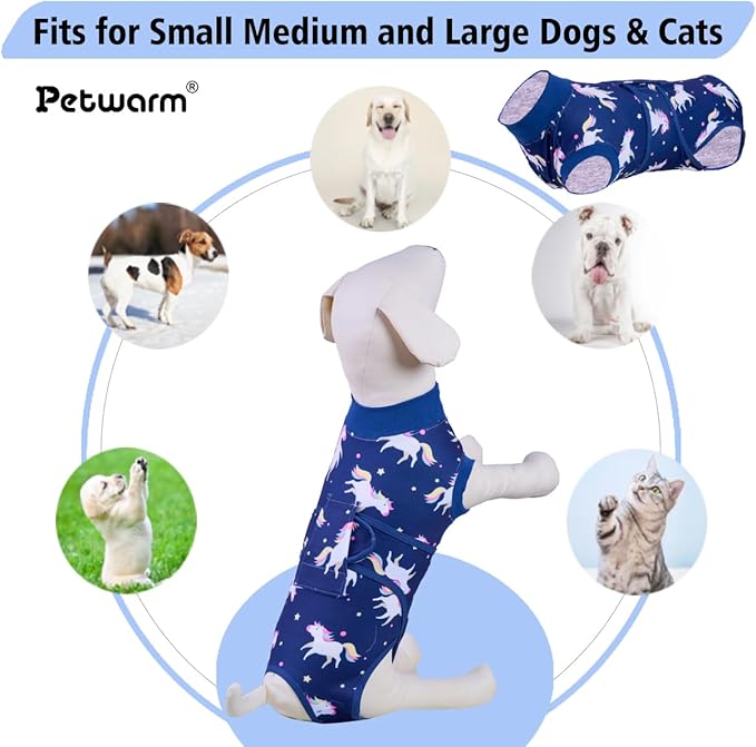 PetWarm Dog Bodysuit for Aftercare, Shirts for Dogs, Dog Cone Alternative, Recovery Suit for Dogs Post Spay or Neuter Surgery, Full Body Coverage with Cozy Fit, Unicorn Pattern, Blue, M