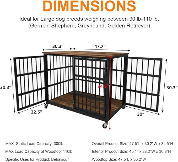 Boldbone 48 inch Dog Crate Furniture, Heavy Duty Dog Kennel Indoor for Large Dogs, Escape-Proof and Chew-Proof Wooden Dog Cage for high Anxiety Dog, Decorate House as TV Stand, End Table