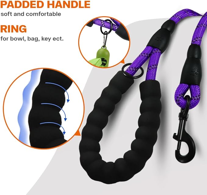 Taglory Rope Dog Leash 6 FT with Comfortable Padded Handle, Highly Reflective Threads Leash and Anti-Tangle Clip for Walking Small Dogs, 3/8 inch, Purple