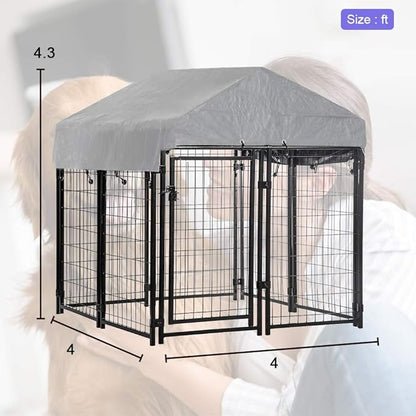BestPet 4'x4'x4.3' ft Heavy Duty Outdoor Dog Kennel with Waterproof Roof, Galvanized Steel Large Dog Run Cage for Medium & Large Dogs, Secure Lock for Backyard