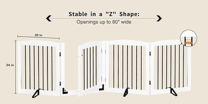 PUPETPO Freestanding Dog Gate with Door, Pet Gate for Stairs, 80 inch Wide Pet Barrier Indoor, Dog Fences Indoor, Support Feet Included, 4 Panels, 24" Tall, White & Black