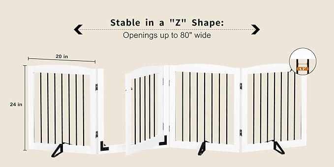 PUPETPO Freestanding Dog Gates with Door Walk Through, 80 inch Wide Gates Indoor, Dog Fences Indoor, Support Feet Included, 4 Panels, 32" Tall, White & Black