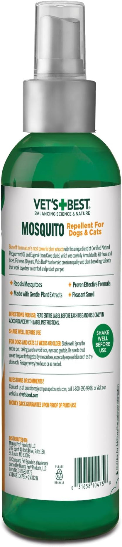 Vet's Best Natural Mosquito Repellent Spray for Dogs and Cats – Plant-Based Protection with Certified Essential Oils – DEET-Free Outdoor Pest Repellent for Pets – Natural and Safe – 8 oz Bottle