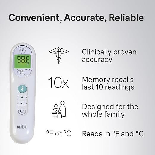Braun No Touch 3-in-1 Thermometer for Adults, Kids, Babies, Measure Forehead, Liquid, Food Temps, Adult & Baby Thermometer, Professional Accuracy, Color Coded Fever Guidance