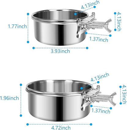 2 Pcs Small Dog Food Water Bowl for Cage with Upgraded Clamp Holder, Pet Kennel Hanging Bowls Stainless Steel Non-Spill Detectable Bowls Crate Feeder for Small Dogs (4.7x2'' & 4x1.8'')