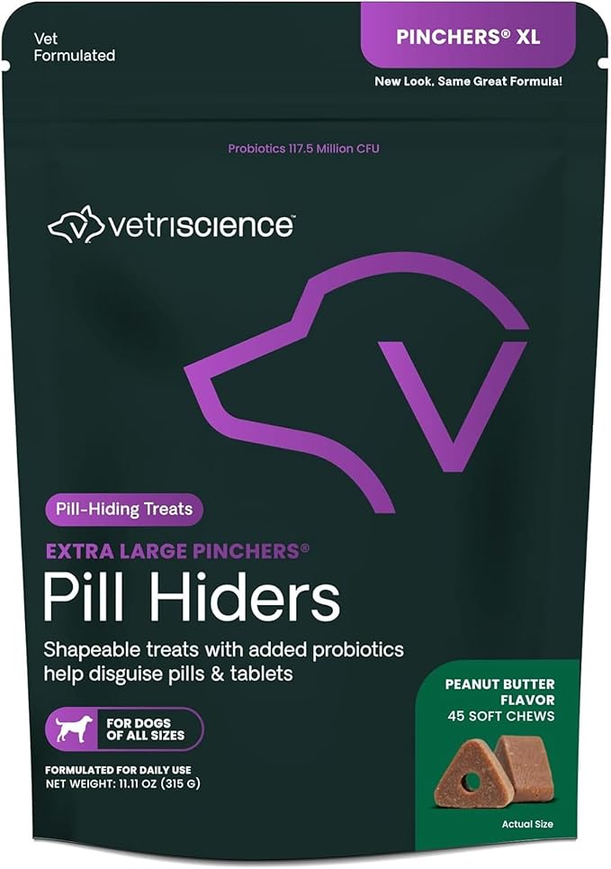 VetriScience Extra Large Pinchers Pill Hiders Chews, Non-Greasy with Probiotics for Dogs, Disguise Capsules and Tablets, Soft and Chewy, Gut and Immune Health, Peanut Butter, 45 Count