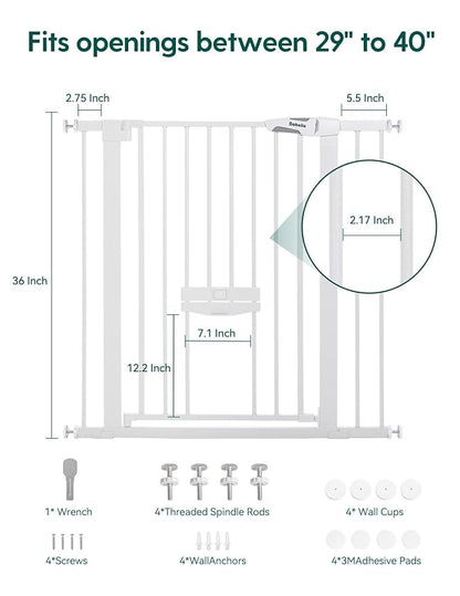 BABELIO 36 Inch Extra Tall Baby Gate with Cat Door, 29-40" Metal Dog Gate, Cat Gate for Stairs, Doorways, Auto Close Safety Gate with Pet Door, Easy Walk Thru, White