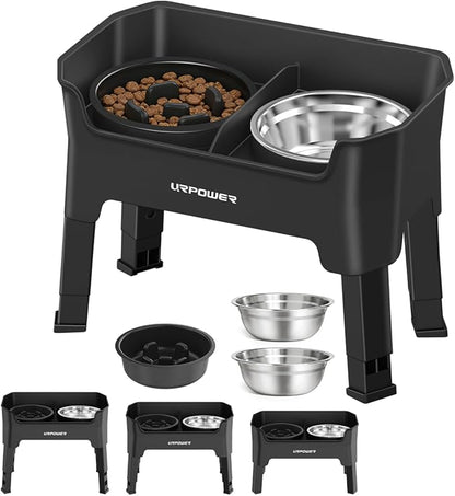 URPOWER 3-in-1 Elevated Dog Bowls - Mess Proof 4 Height Adjustable Raised Stand with 2 Stainless Steel Food Bowls for Small, Medium Dogs