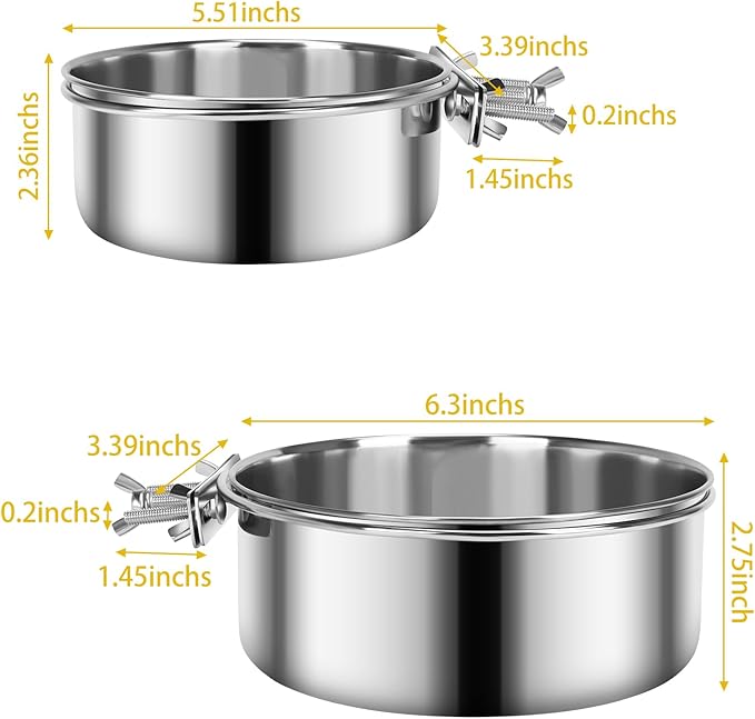2 Pcs Medium Dog Food Water Bowl for Cage with Upgraded Clamp Holder, Pet Kennel Hanging Bowls Stainless Steel Detectable Bowls Crate Feeder Dish for Medium Dogs (6.3x2.7'' & 5.5x2.3'')