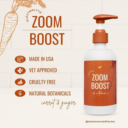 Lanana Creek Farms® Zoom Boost Electrolyte 7.7 oz Glass Bottle with Pump | Ideal for Active Dogs | Rapid Absorption and Easy Digestion | Carrot and Ginger Flavored