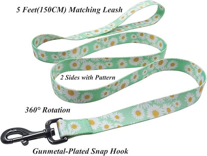 Dog Collar Leash Set, Floral Pattern, Polyester Material, Adjustable Collar and 5ft Matchcing Leash, for Puppy Dogs.(XS, Light Green Daisy)