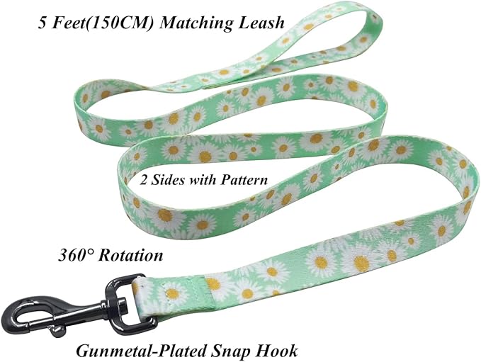 Dog Collar Leash Set, Floral Pattern, Polyester Material, Adjustable Collar and 5ft Matchcing Leash, for Medium Dogs.(M, Light Green Daisy)