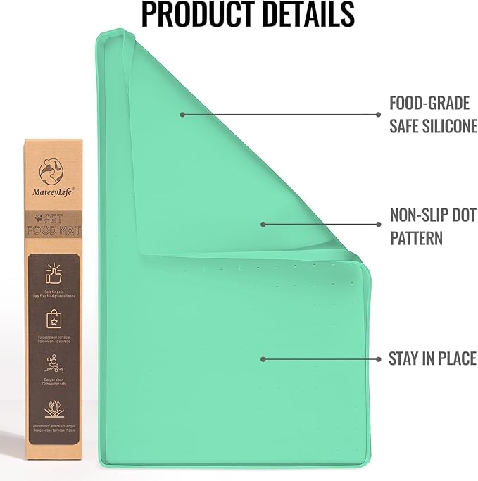 MateeyLife Dog & Cat Food Water Mat for Floors Waterproof, Nonslip Pets Bowl Feeding Mats with Raised Edges, Silicone Matt Tray for Messy Drinkers, 18"x12",MintGreen
