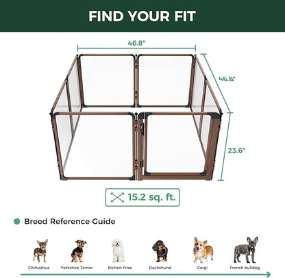 FXW AuraSpace Pro Acrylic Indoor Dog Playpen, Heavy-Duty with Metal Frame, 24" Height 8 Panels for Puppies & Small Dogs, Walnut│Patented