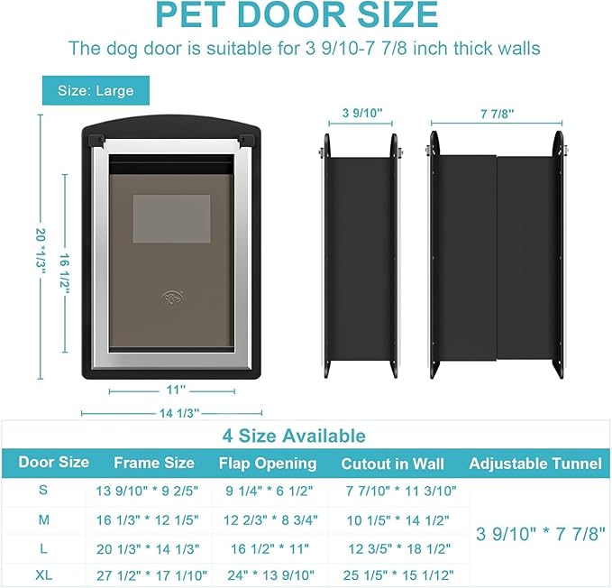 ClawJaw Dog Door for Exterior Wall, Metal Frame and Telescopic Tunnel Pet Door, Double-Sided Wind Deflector and Magnetic Flaps, Easy to Install, Black (Pets Up to 110 Lb)-Large